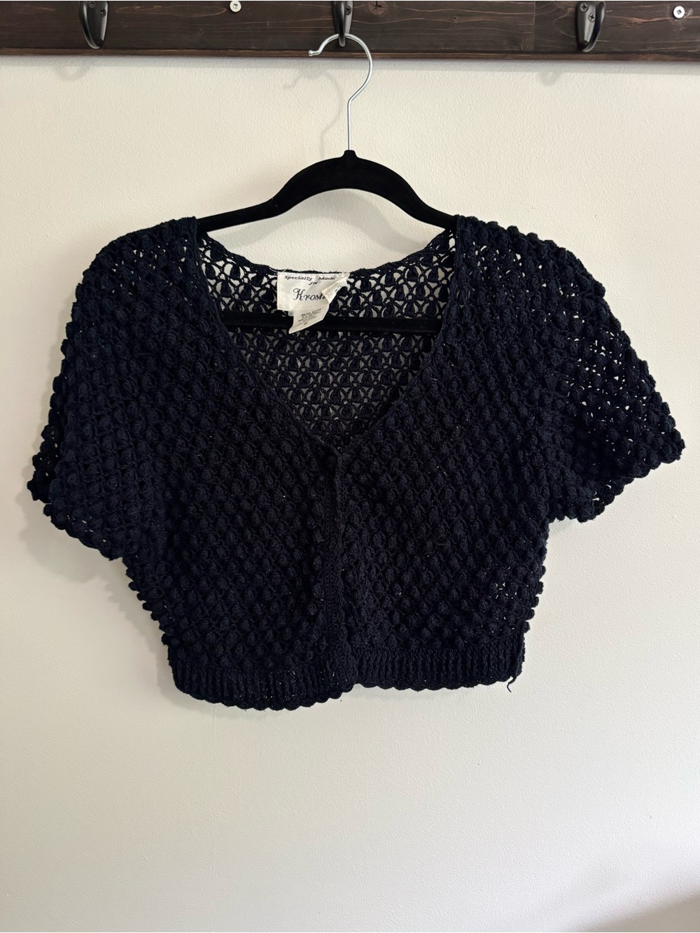 Black Vintage Button-Up Crochet Cropped Short Sleeve Cardigan- 100% Cotton